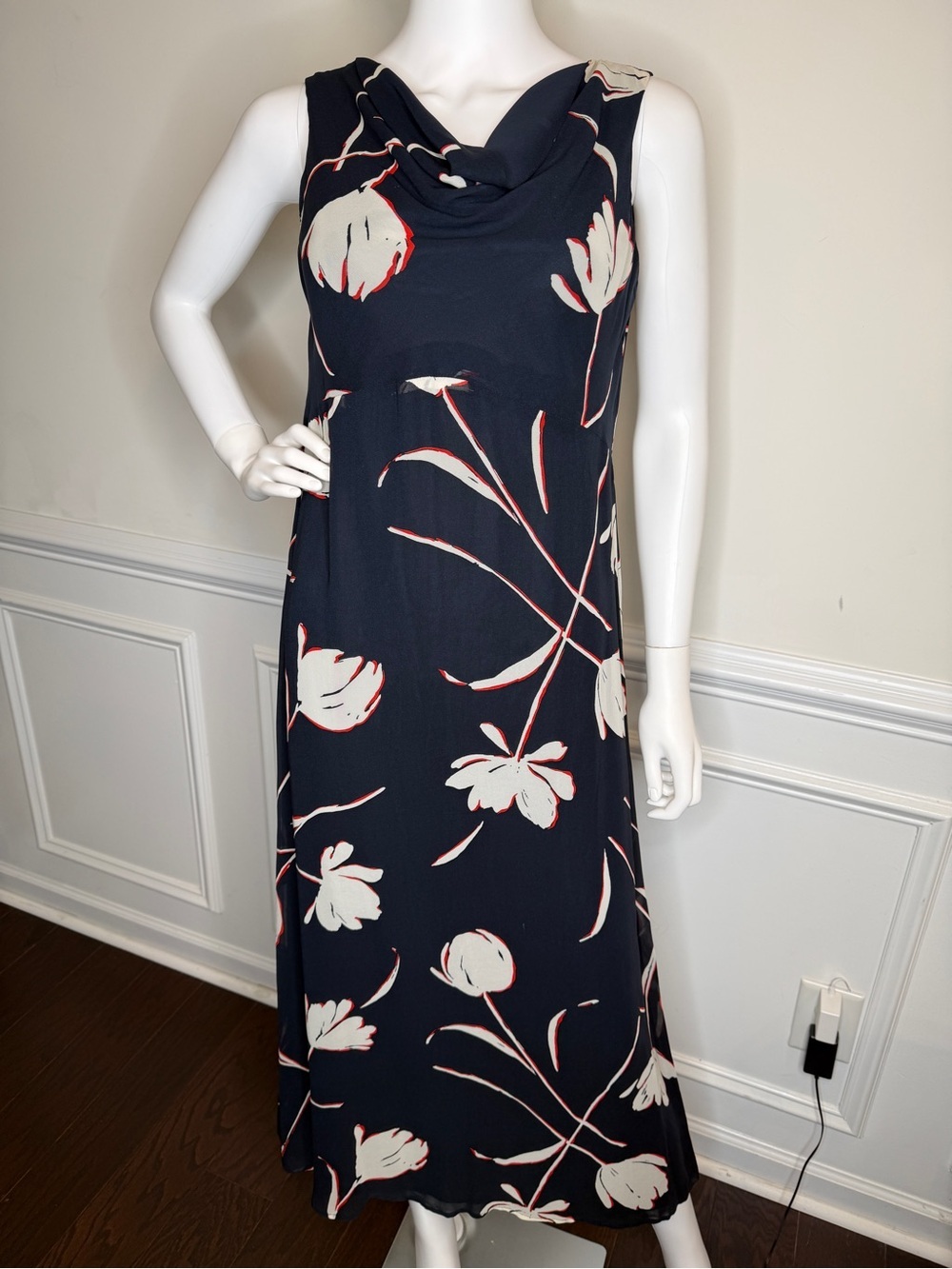 Vintage Liz Claiborne dress 10 Petite Tulips Print Navy Blue White Red Line